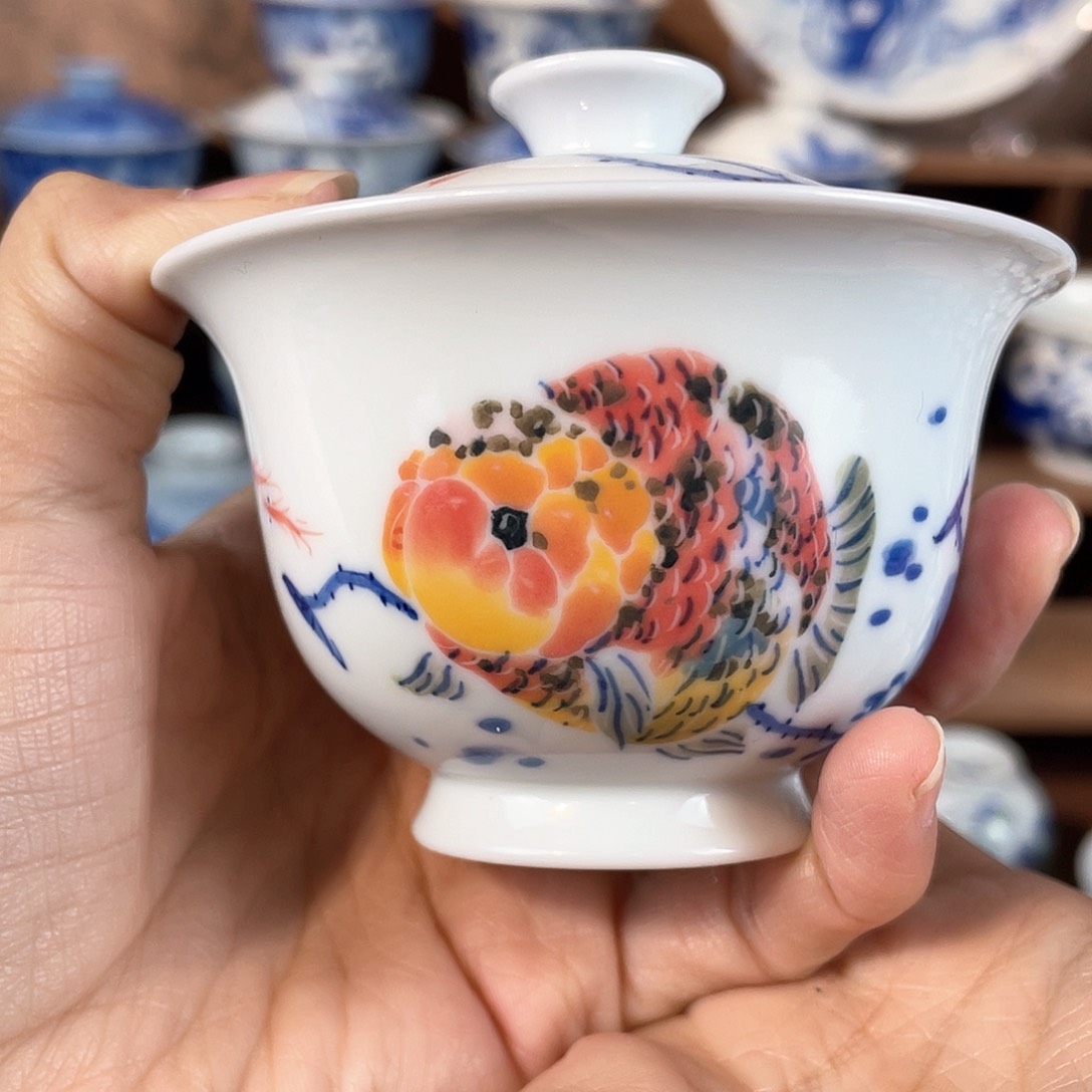 泥藝瓷梦金鱼盖碗