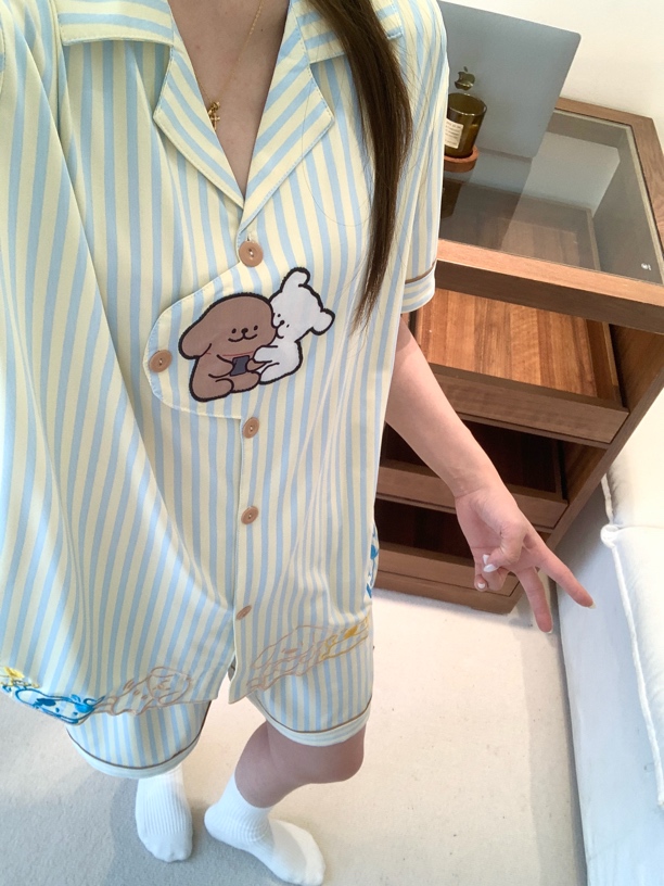 【线条小狗】韩系条纹可爱卡通小狗刺绣少女睡衣夏季短袖家居服套装
