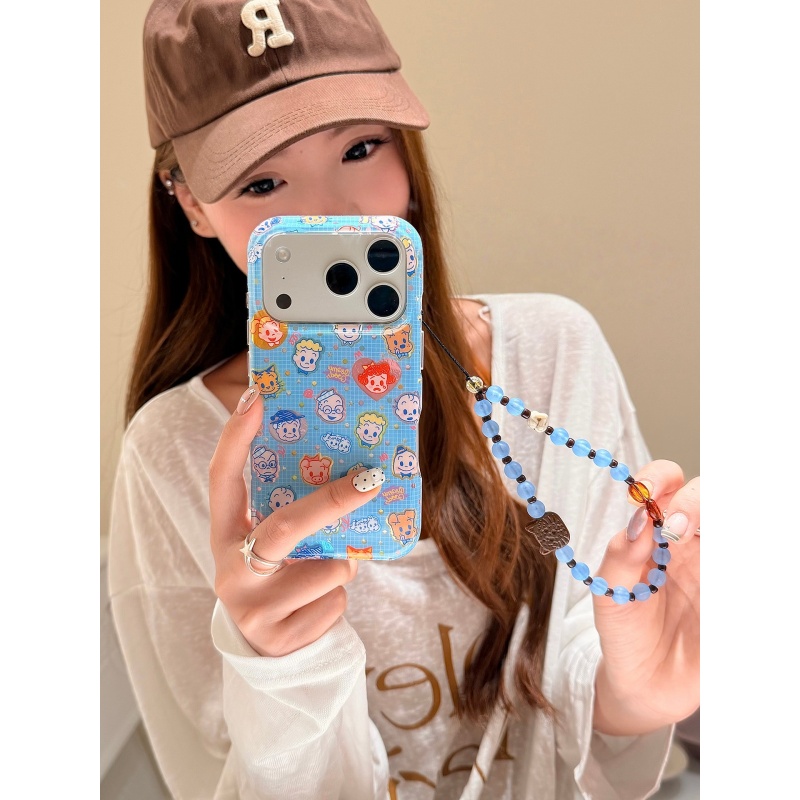 日韩蓝格纹卡通原田治头像适用苹果17promax手机壳16pro女