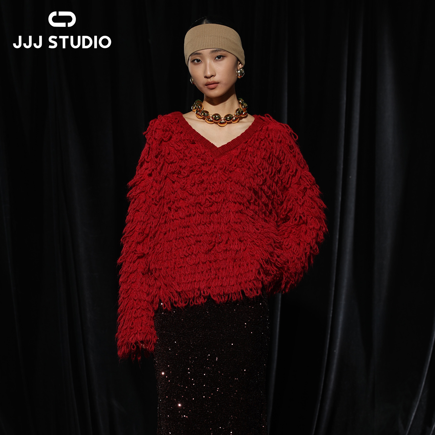 JJJ STUDIO 红色V领流苏针织衫宽松显瘦优雅精致25新款JDWWW2Z465