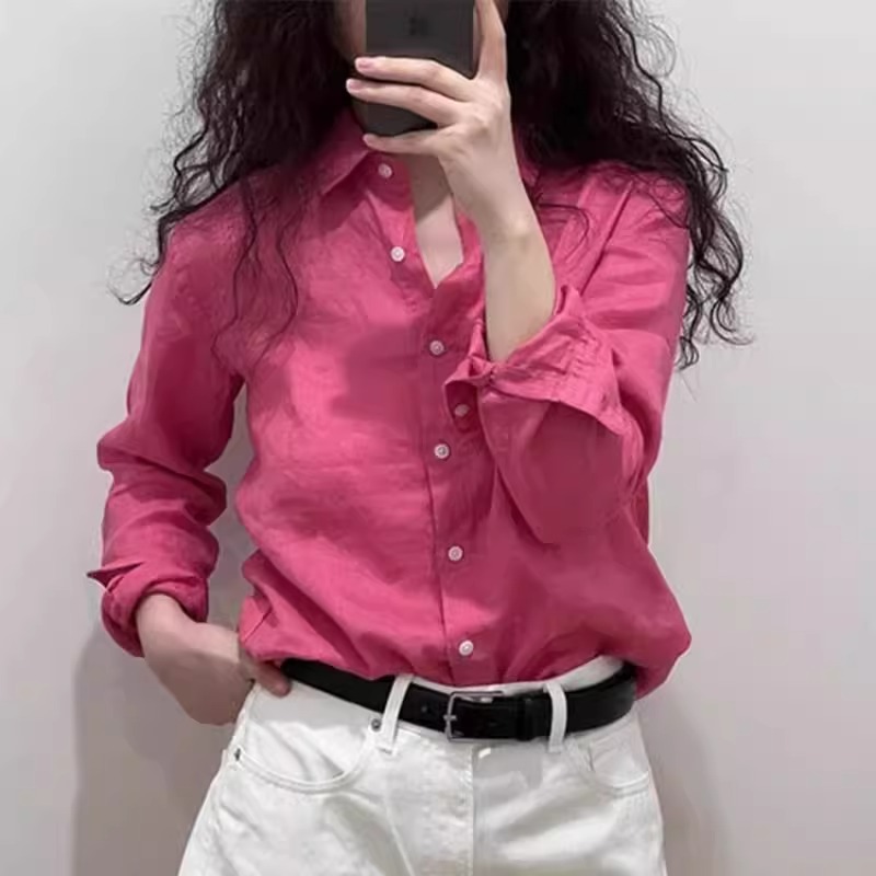 高级感夏季薄款玫红色衬衫女士防晒水洗棉2025年爆款宽松气质衬衣