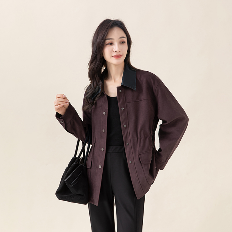 老板娘专属2025秋新款港版复古风翻领宽松仿皮绒翻领工装夹克外套