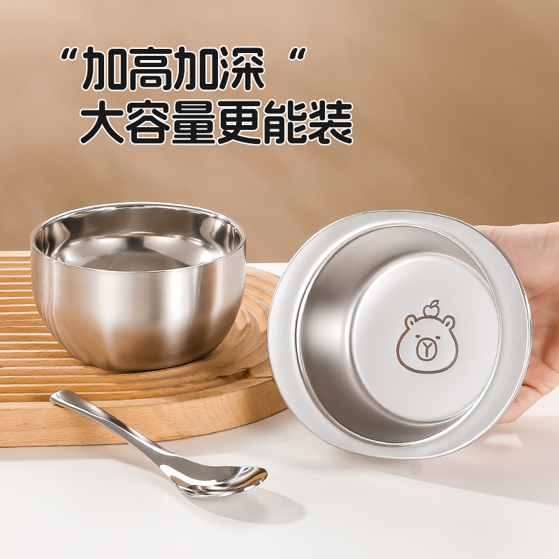 【拍一发三】萌趣卡通卡皮巴拉不锈钢碗双层防烫家用碗双耳汤碗汤勺
