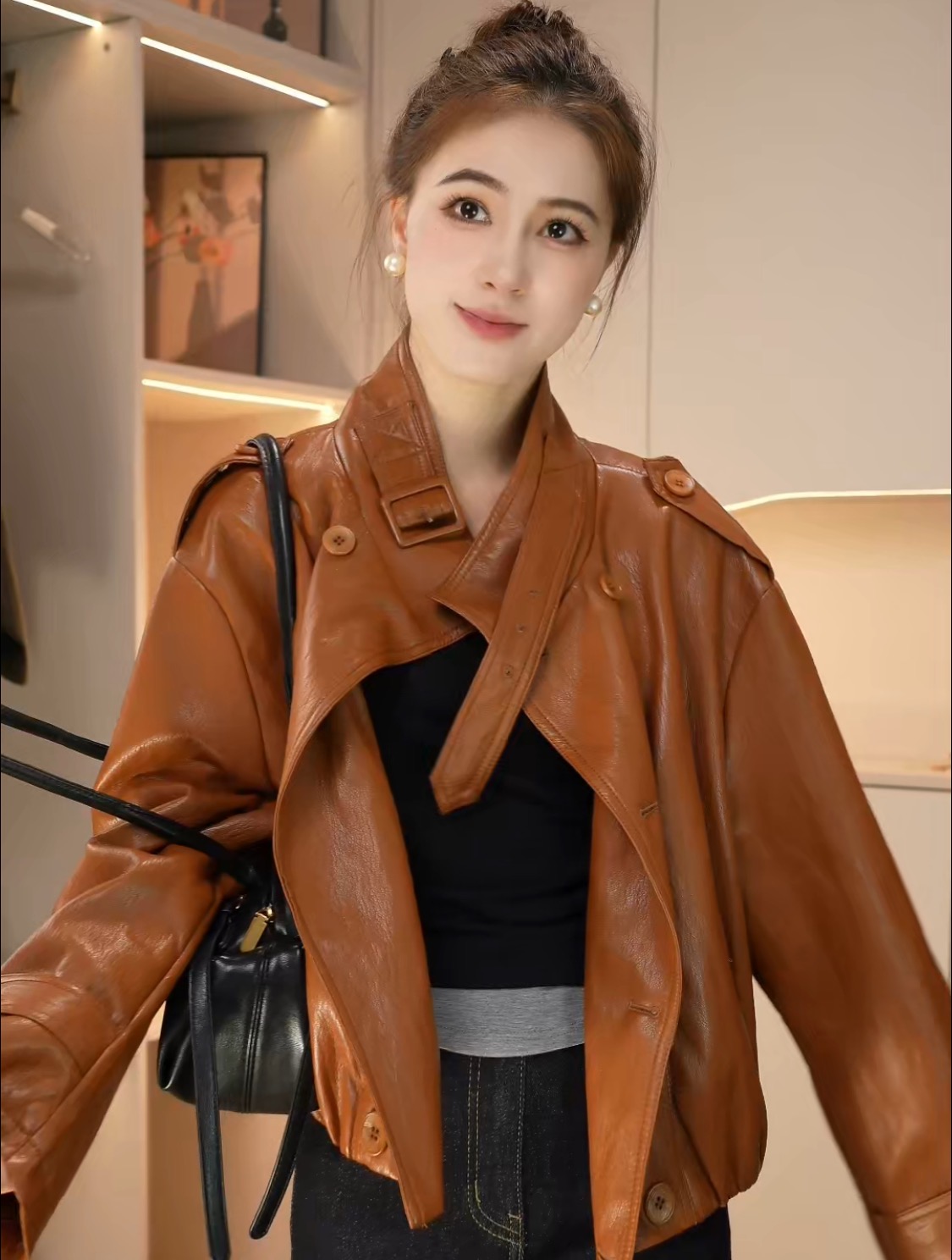 韩版机车重工油蜡PU蛋白皮宽松设计百搭女秋冬外套8878