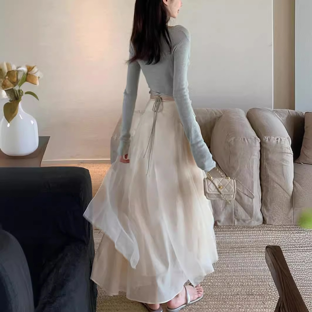 纯扶子轻中式拼纱半裙气质仙女半身长裙女春夏新款  A24442