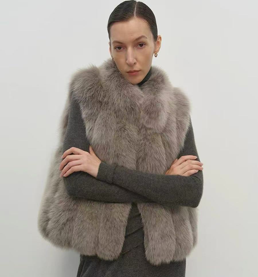 SHIMENGNU/诗梦奴进口芬兰saga狐狸毛整皮竖条马甲