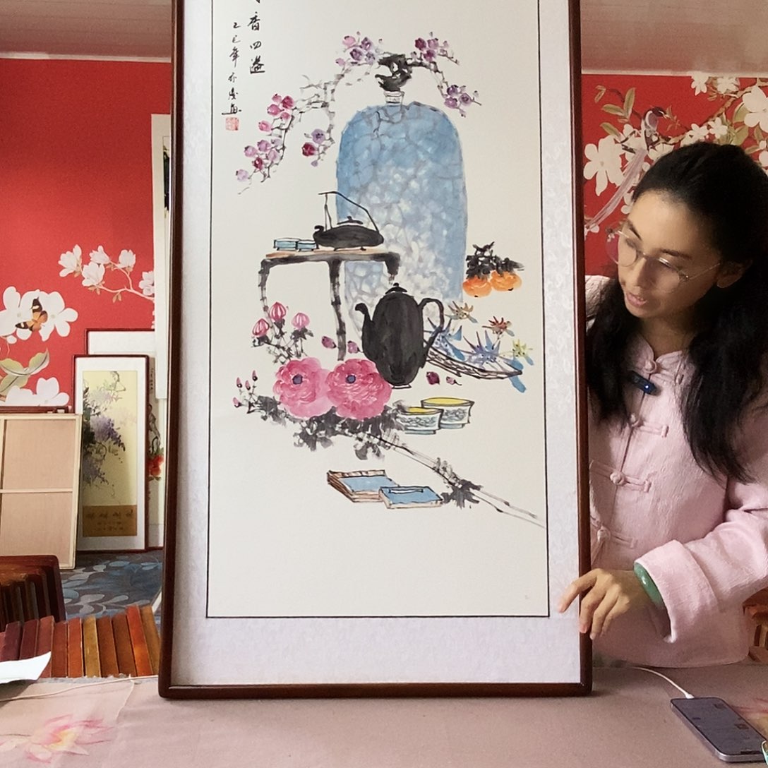 国画手写手绘国画作品带框包邮62✖️122