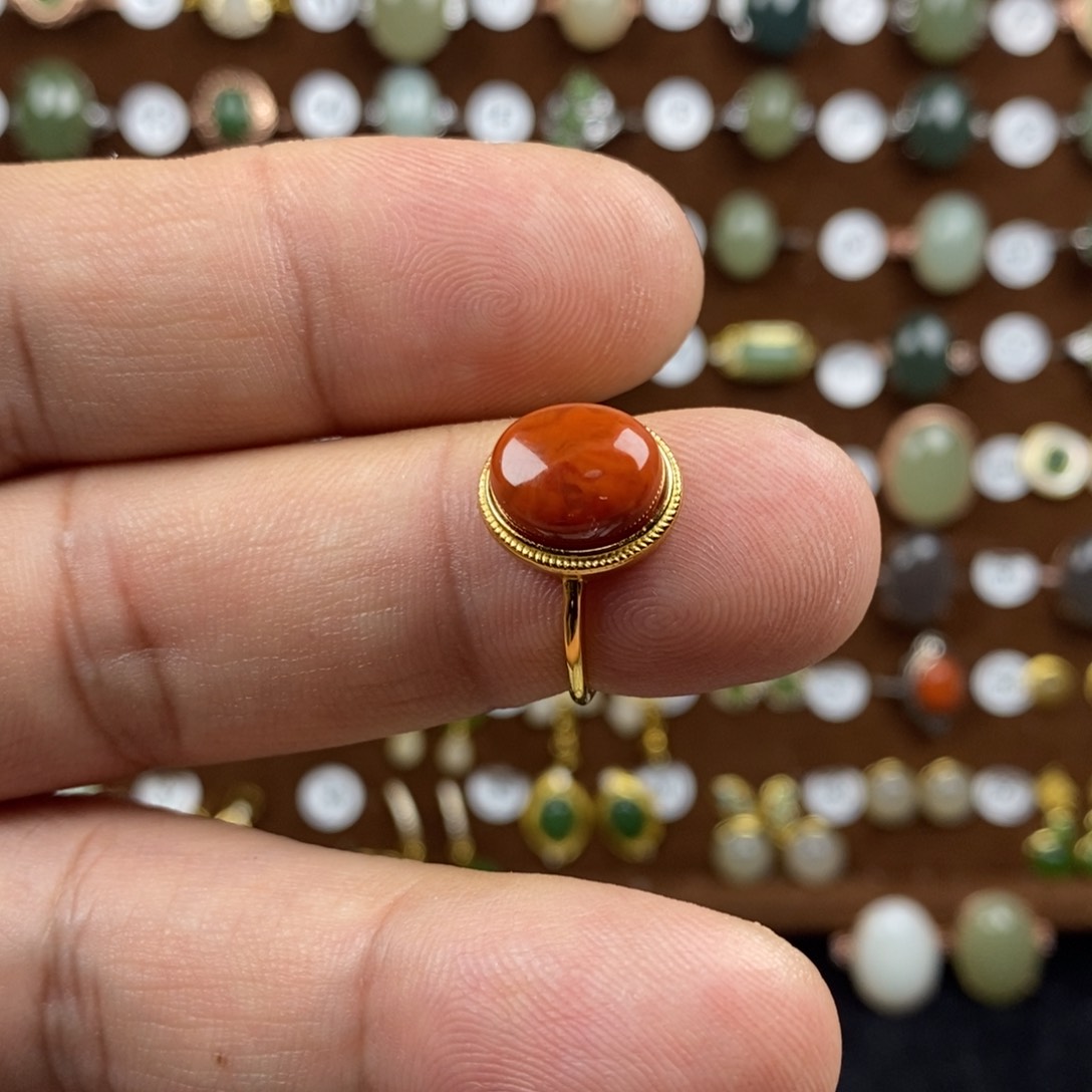 南红玛瑙戒指银S925镀金镶嵌