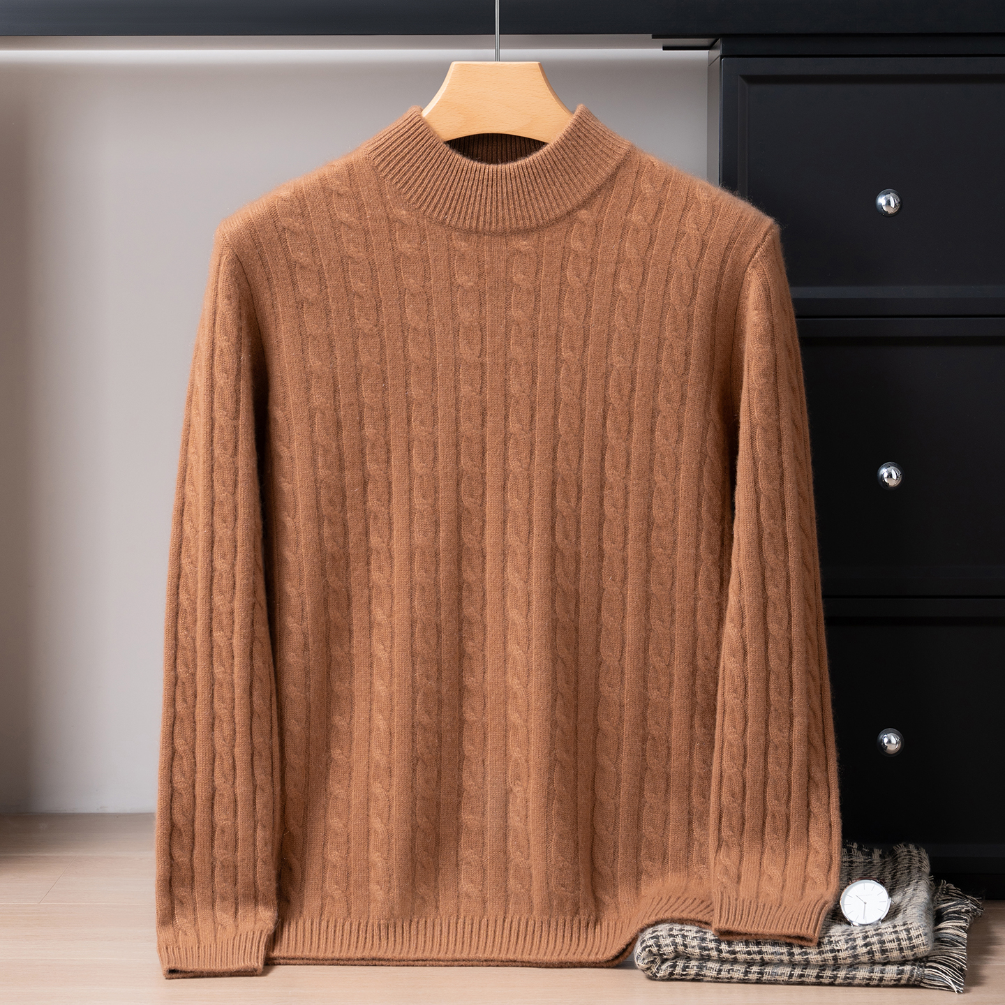 100%纯山羊绒男士半高领双股加厚宽松针织套头打底衫