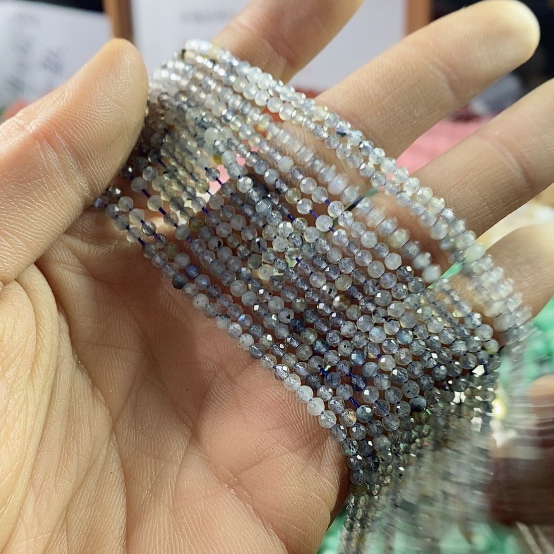 玛瑙/玉髓珠宝半成品合金一条天然2.5mm灰月光圆珠切面