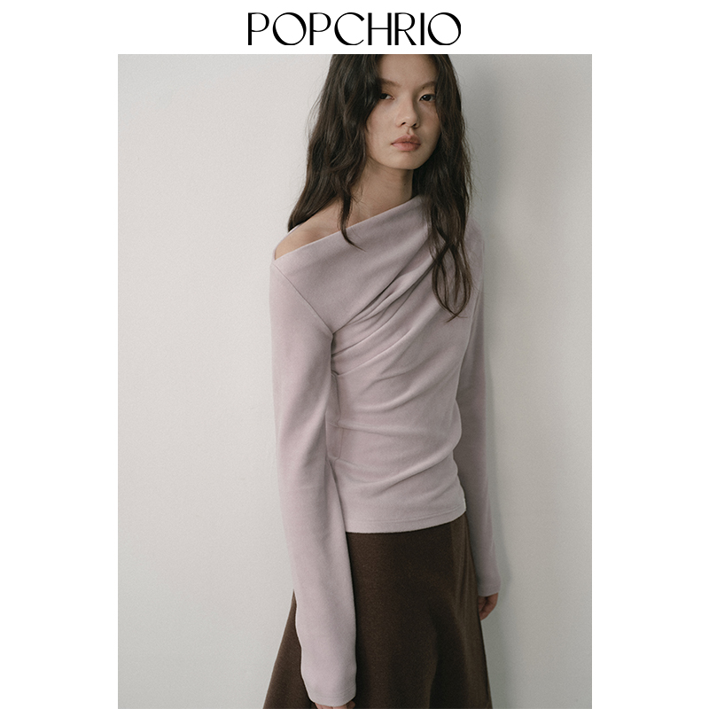 POPCHRIO◆绒面设计感斜肩褶皱长袖打底衫T恤一字领露肩上衣女冬