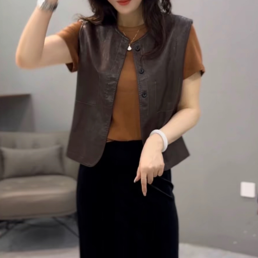 皮衣马甲女款小个子2025秋季新款高级感外穿叠穿坎肩软皮夹克外套