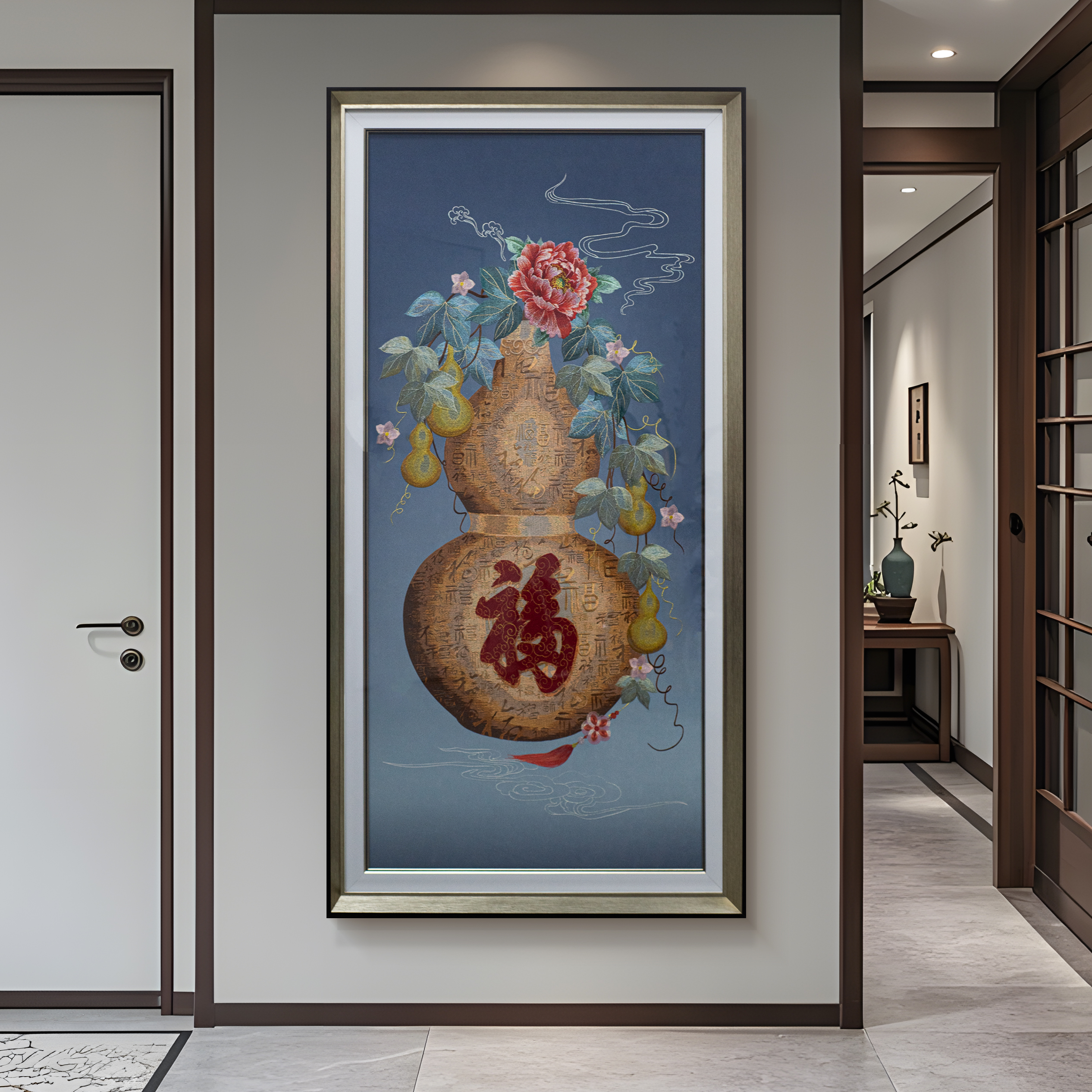 新中式福禄葫芦五福临门刺绣装饰画入户玄关走廊过道画福80160