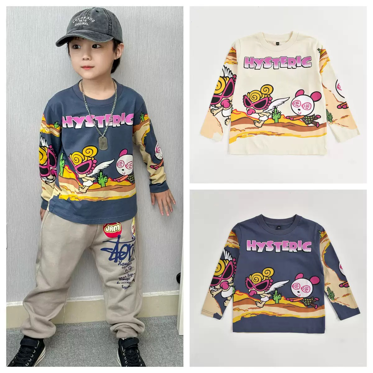 男女童装长袖T恤怀旧风格日式复古印花圆领上衣t恤重工拔印高品质