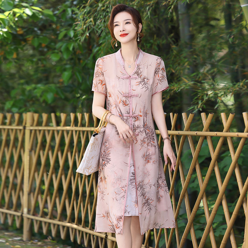 10446-夏季新款新中式印花旗袍裙特有碎花设计中年妈妈装[A仓]