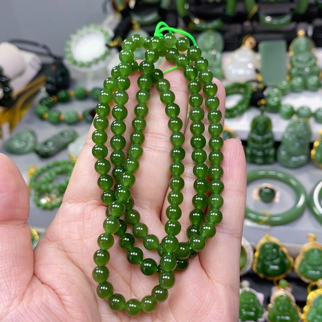 猴教授珠宝纯天然和田碧玉冰底辣绿108颗珠链6mm毛衣链多圈手串