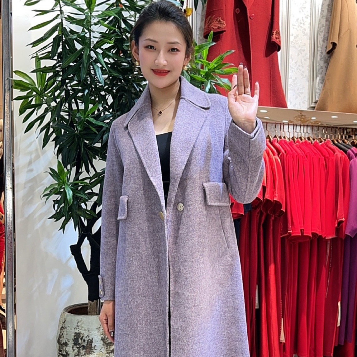 女士中长款西装领双面大衣秋冬通勤显瘦羊毛外套