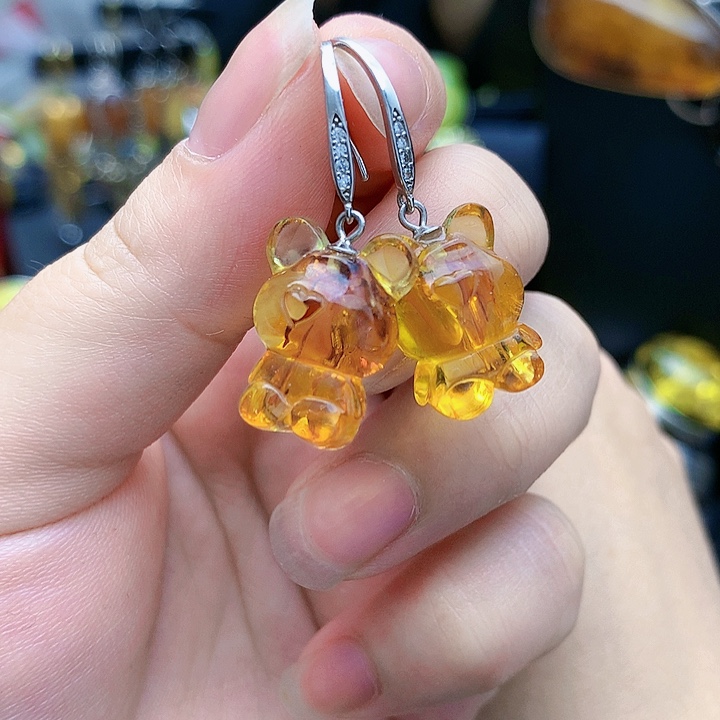琥珀裸石银S925镶嵌耳坠