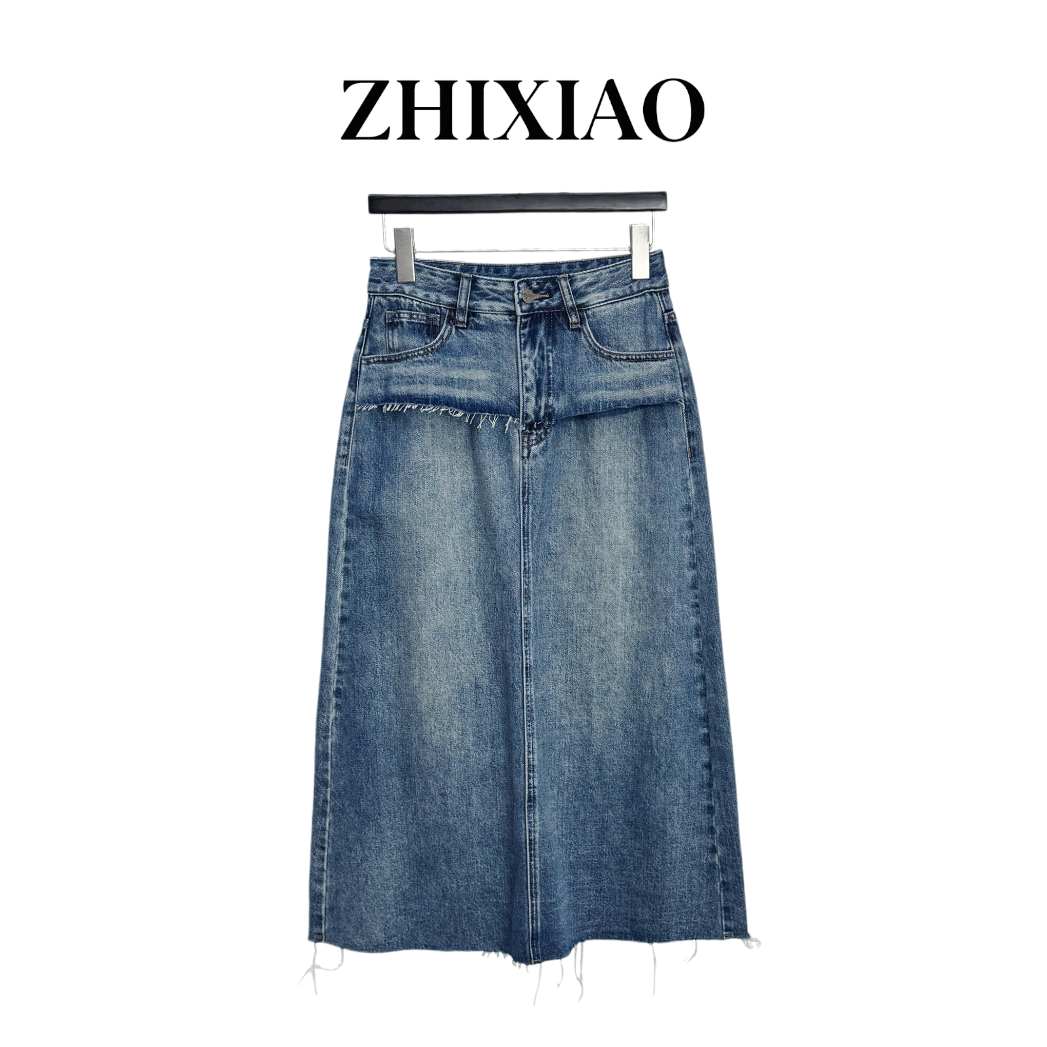 【ZHIXIAO】秋冬新款：假两件毛边牛仔半裙016-3