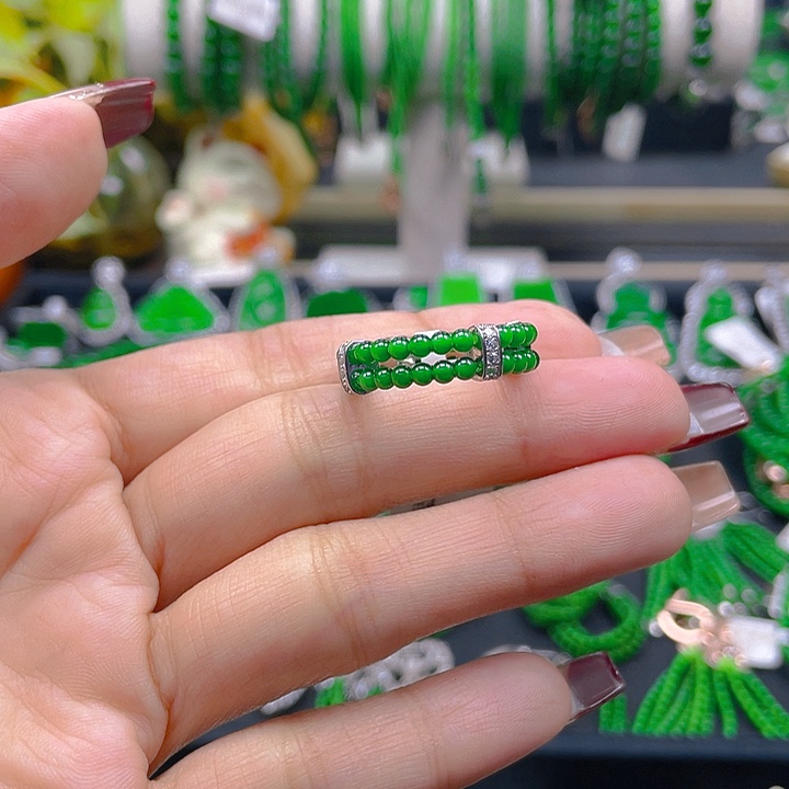翡翠戒指银S925镶嵌圆珠戒圈2.5