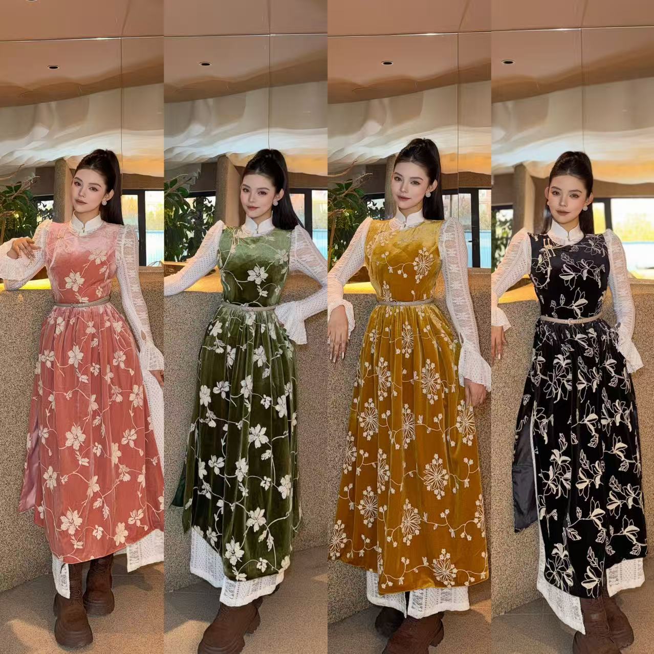 【大树蒙古袍】DS135暖冬花簇民族风四色金丝绒马甲长裙