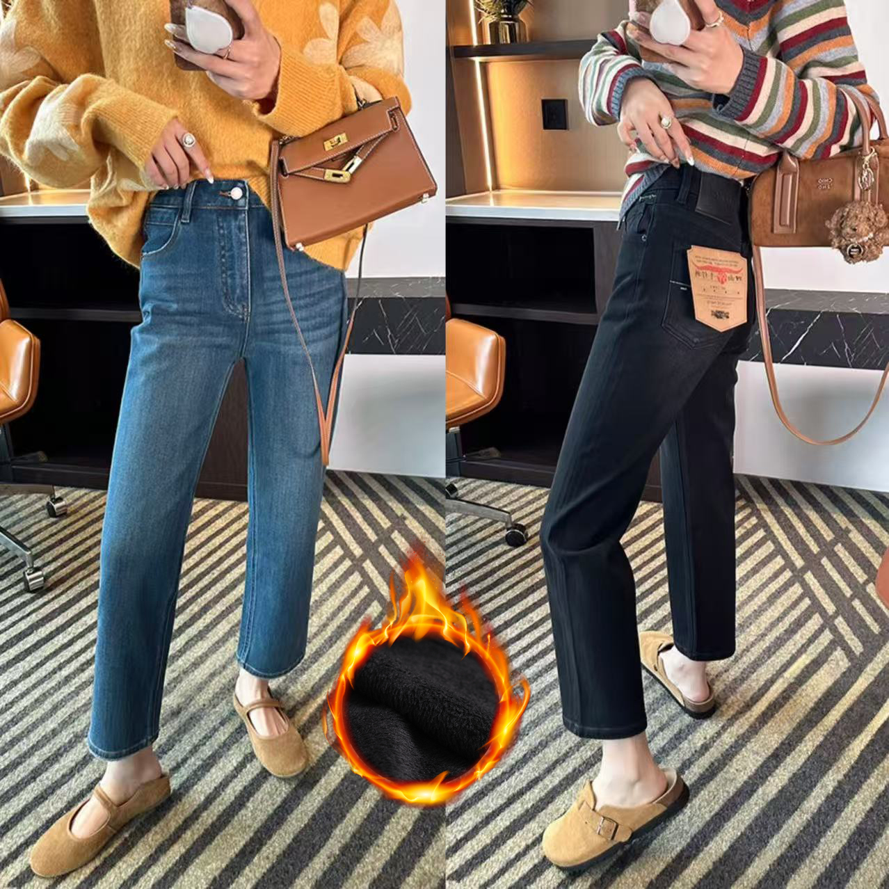 法棍裤！四面弹秋冬保暖密密绒牛仔裤女弹力直筒裤显瘦九分法棍裤