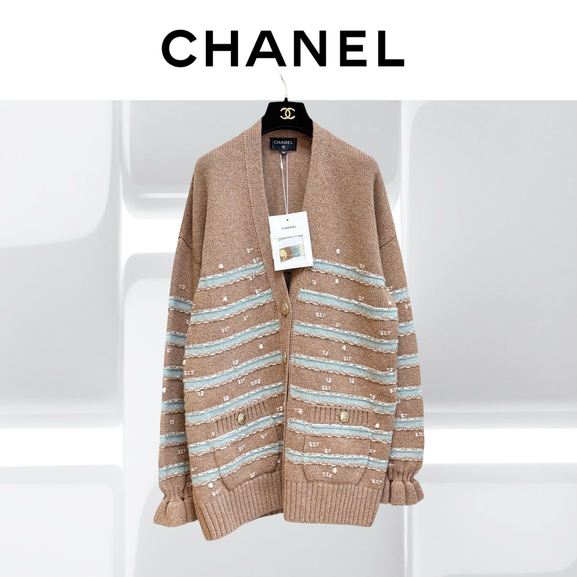 99新 Chanel/香奈儿 38码24K棕色条纹花边袖羊绒开衫