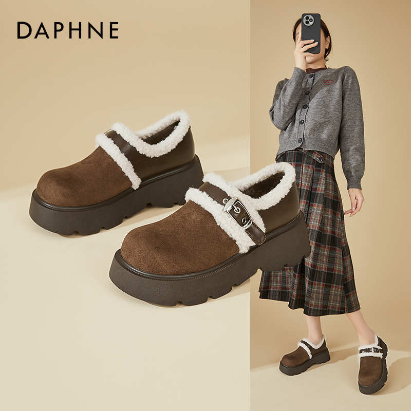 Daphne/达芙妮厚底加绒勃肯鞋女秋冬加绒休闲乐福鞋美拉德小皮鞋