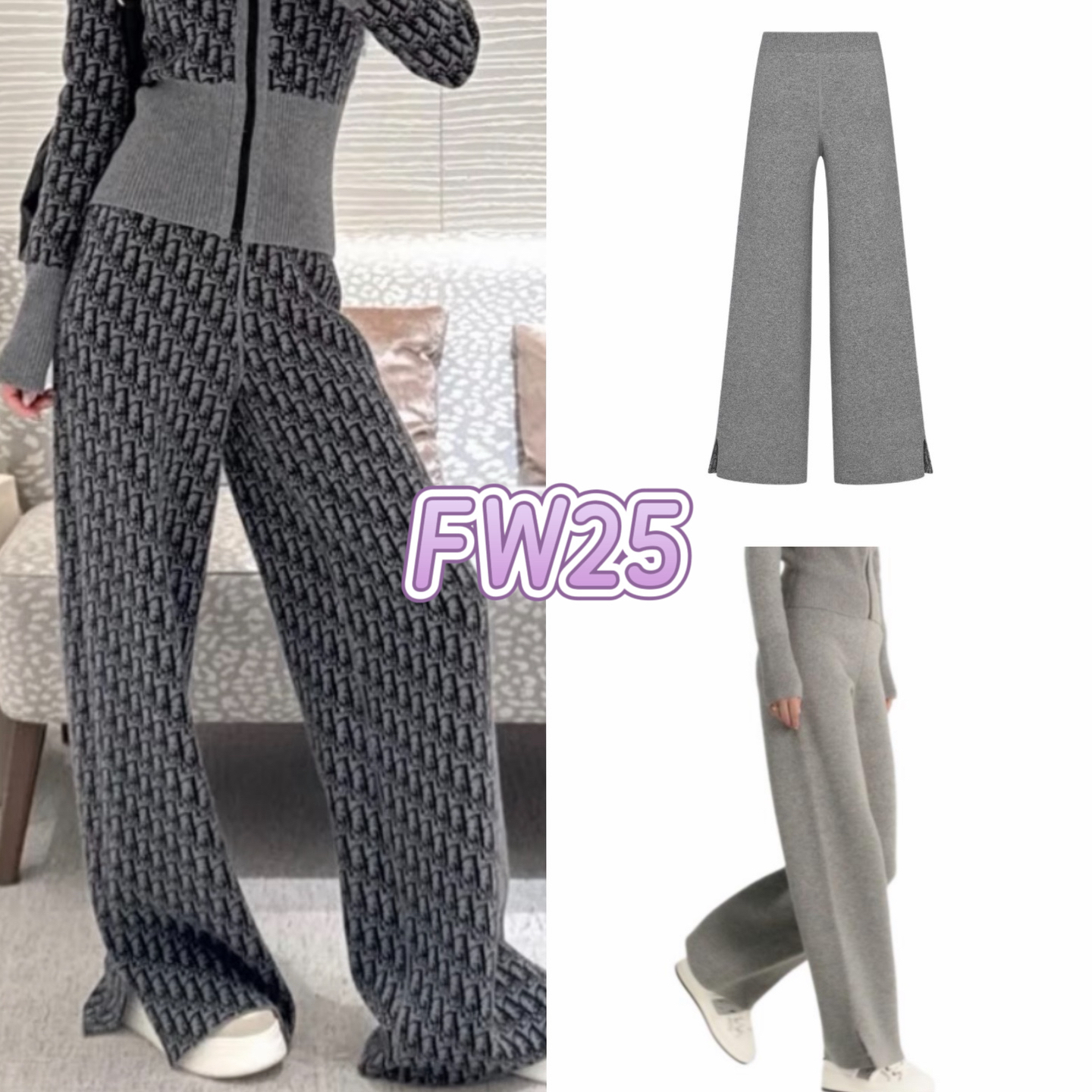 未使用 DIOR/迪奥 25灰色满印羊绒喇叭裤 34码 GM005905