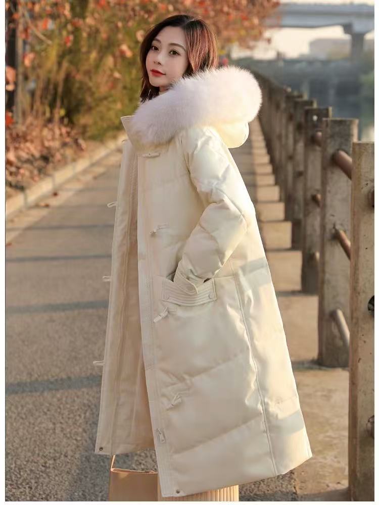 0690 牛角扣羽绒服女中长款韩版时尚过膝加厚冬季外套8203