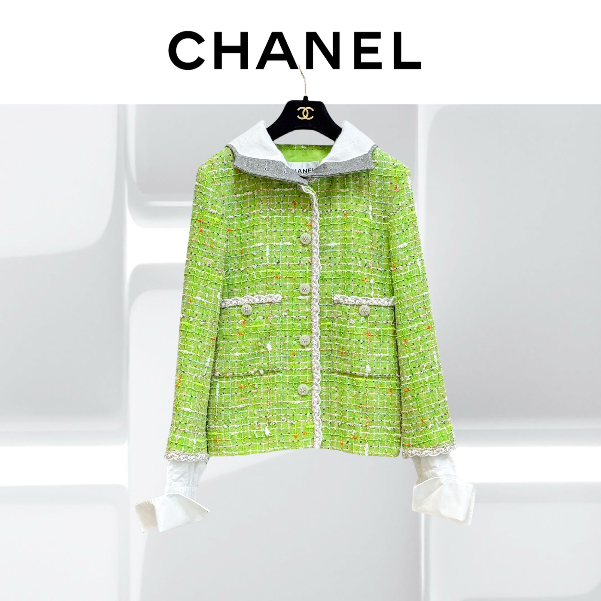 99新 Chanel/香奈儿 34码 绿色拼白色边 长袖 连帽 编织 外套