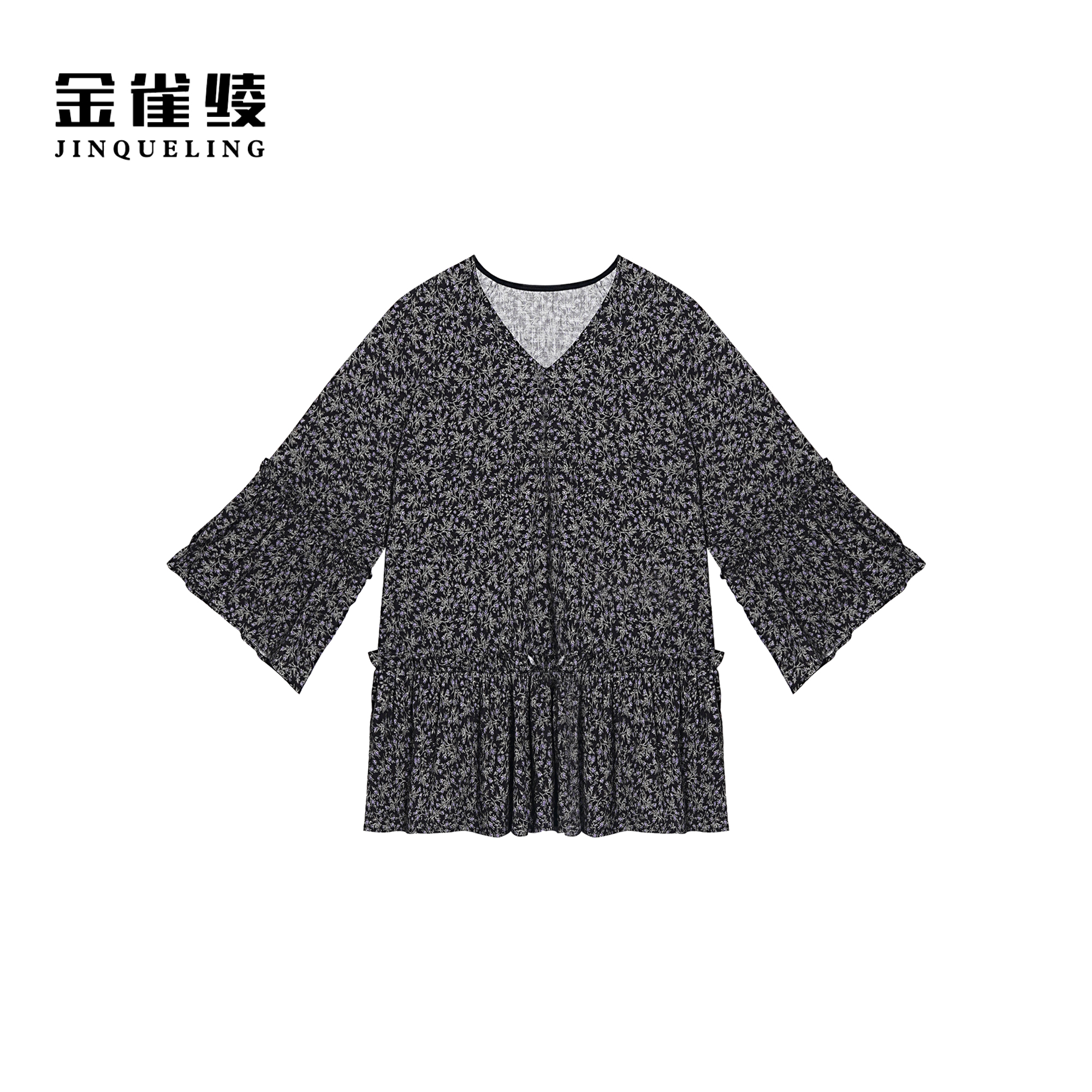 金雀绫【紫风铃】法式设计师款满印气质加宽加大女装衬衫SZA1S175