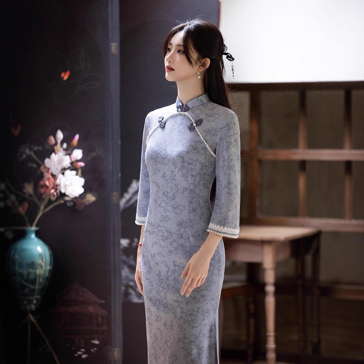 【南山南】2025秋季新款中国风麂皮绒中长款中袖复古旗袍女装改良