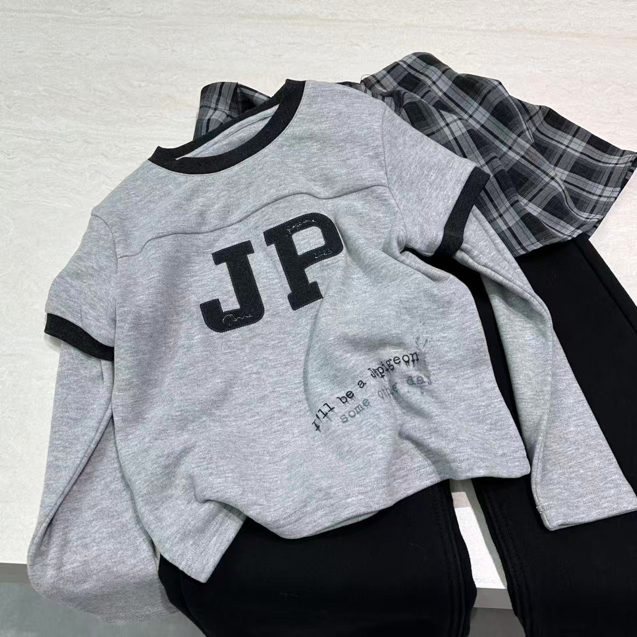 【2025秋冬韩款】韩版休闲长袖儿童加绒字母印花假两件T恤X0551