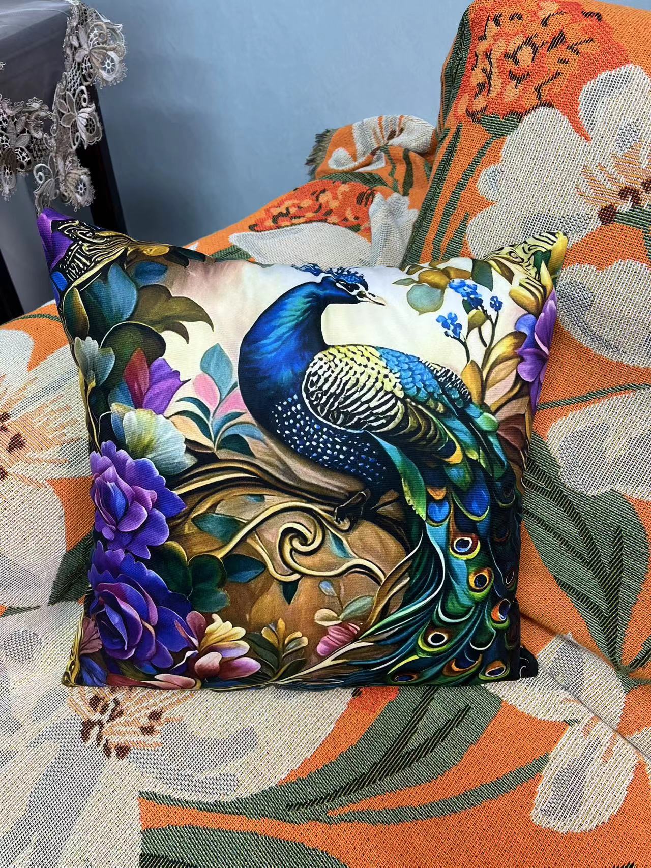 D-26 天鹅绒抱枕靠垫孔雀开屏【45*45不含芯】紫色牡丹花客厅沙发 