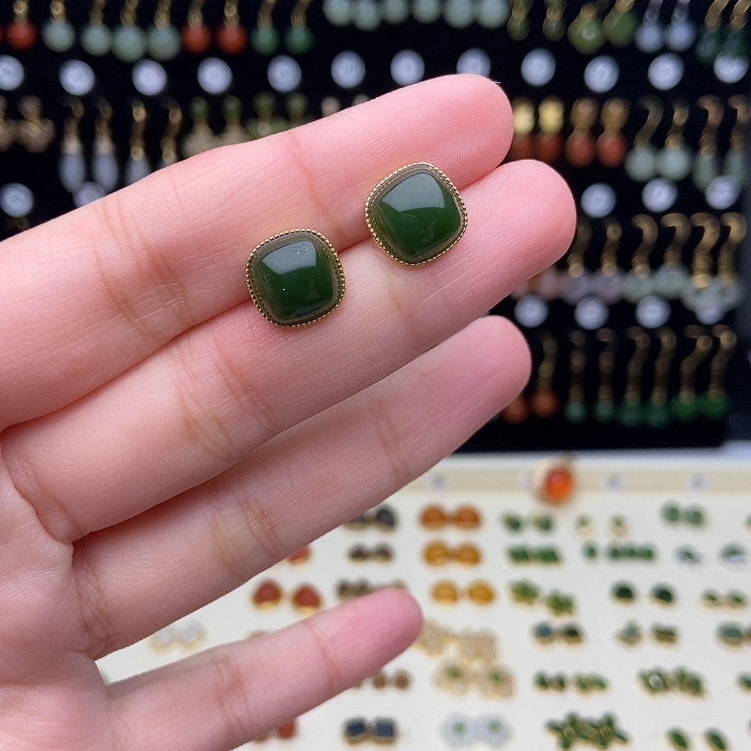 和田玉银S925镀金镶嵌耳饰