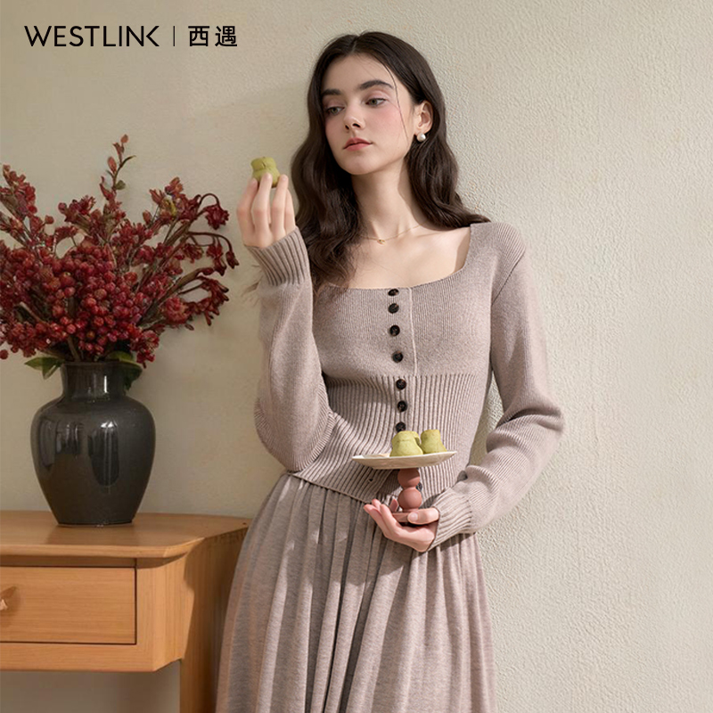 1230西遇法式气质方领单排扣针织衫女2025秋季正肩收腰长袖上衣