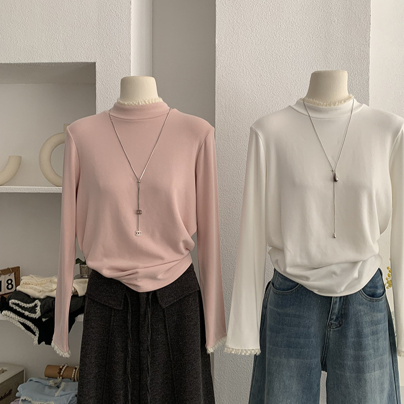 欧玛莱蕾丝花边半高领长袖打底衫女冬季时尚气质抓绒T恤5924