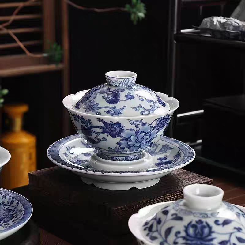 复古青花瓷三才盖碗茶杯公道杯手工功夫茶具简约家用精品茶具0952