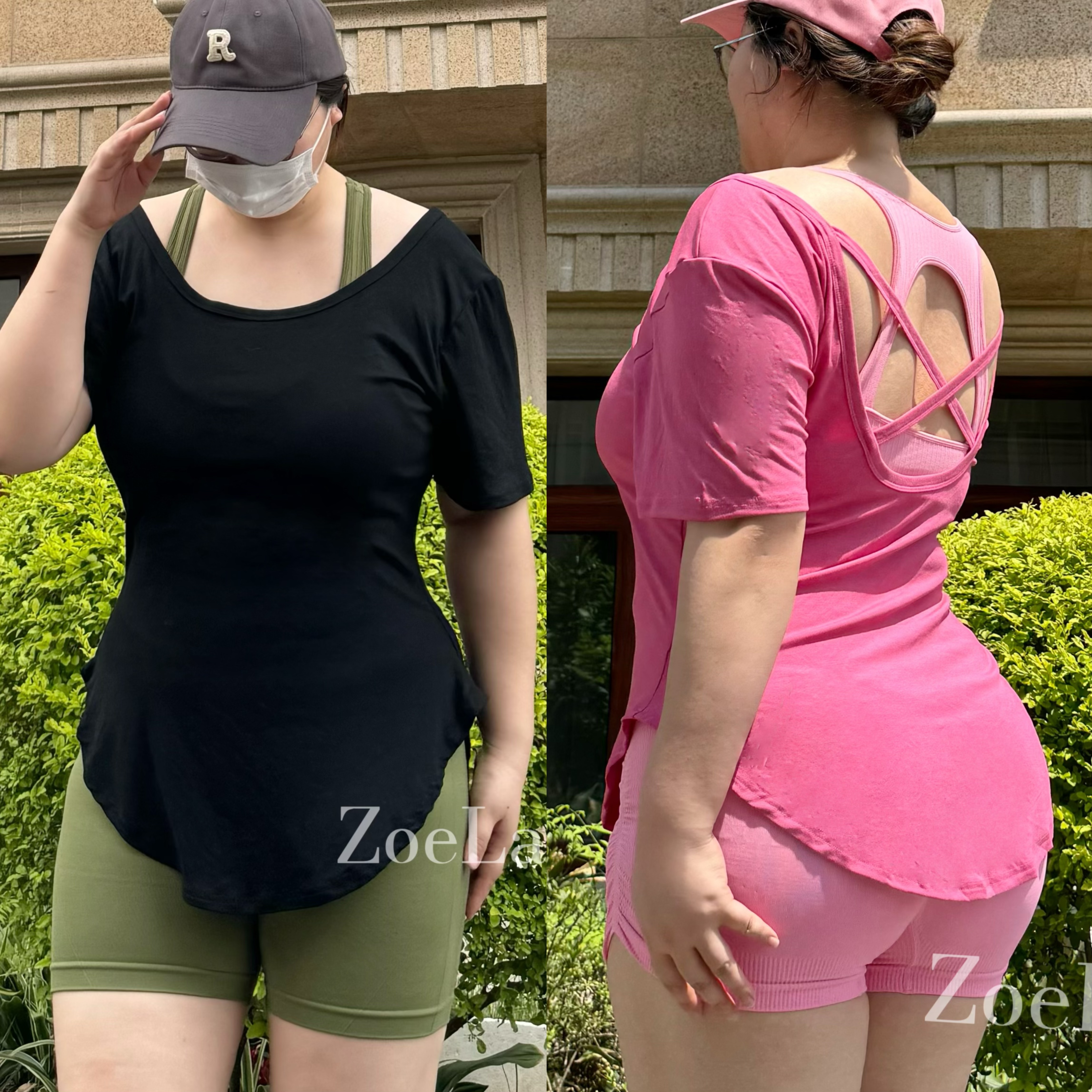 ZoeLamer微胖健身遮裆遮臀显瘦U领性感交叉大露背普拉提健身短袖