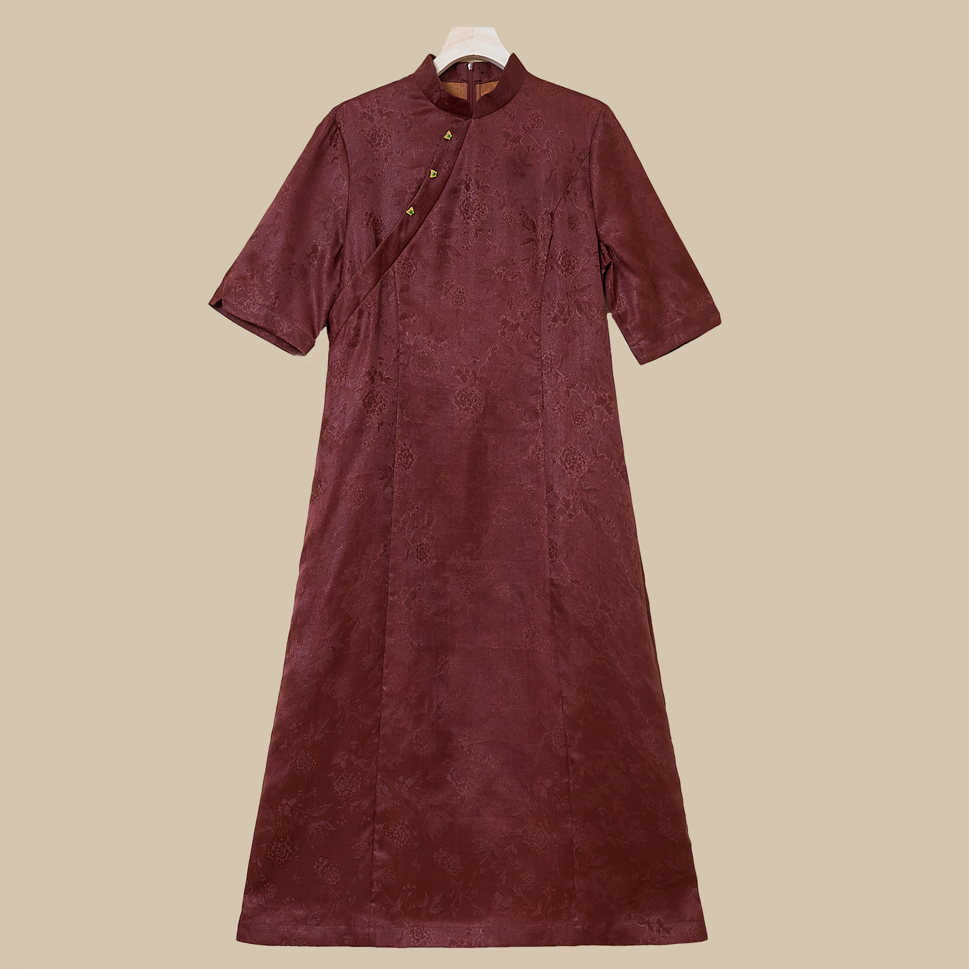 张老板 红云纱提花 国风时尚气质减龄旗袍款桑蚕丝连衣裙EZ5137