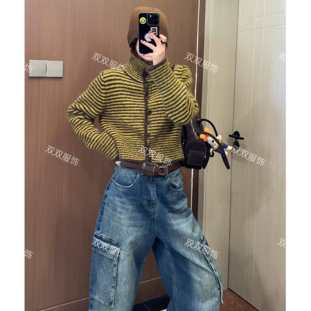 【SSOUHAN】慵懒氛围感撞色条纹毛衣开衫小外套