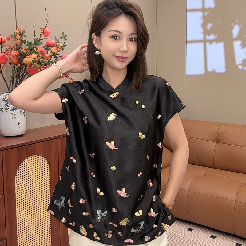 新中式斜襟立领刺绣飞袖宽松上衣61736