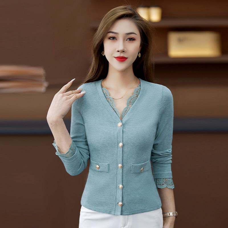 小香风蕾丝拼接v领针织开衫女秋冬季修身洋气短款小个子上衣外套