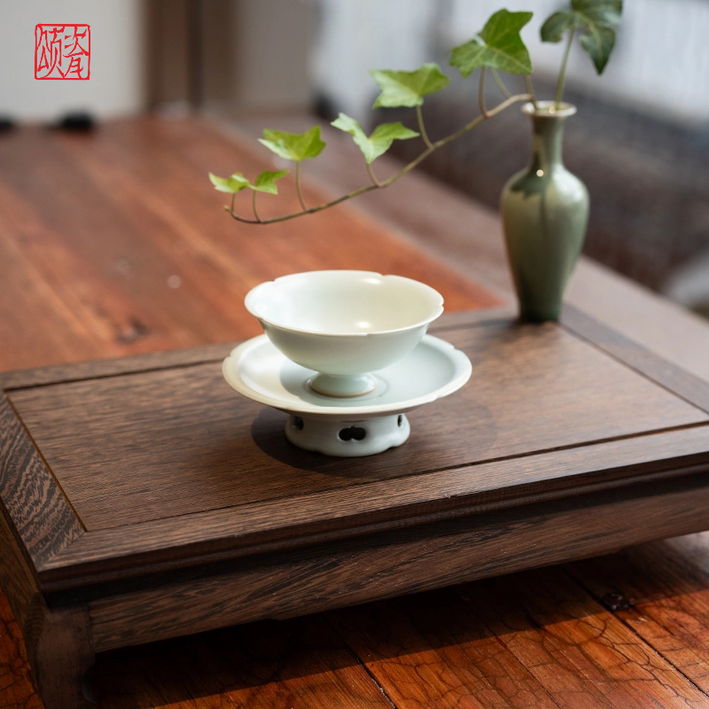 颂瓷汝瓷宋韵套盏月白手工复古汝窑茶杯茶托不开片家用泡茶茶具