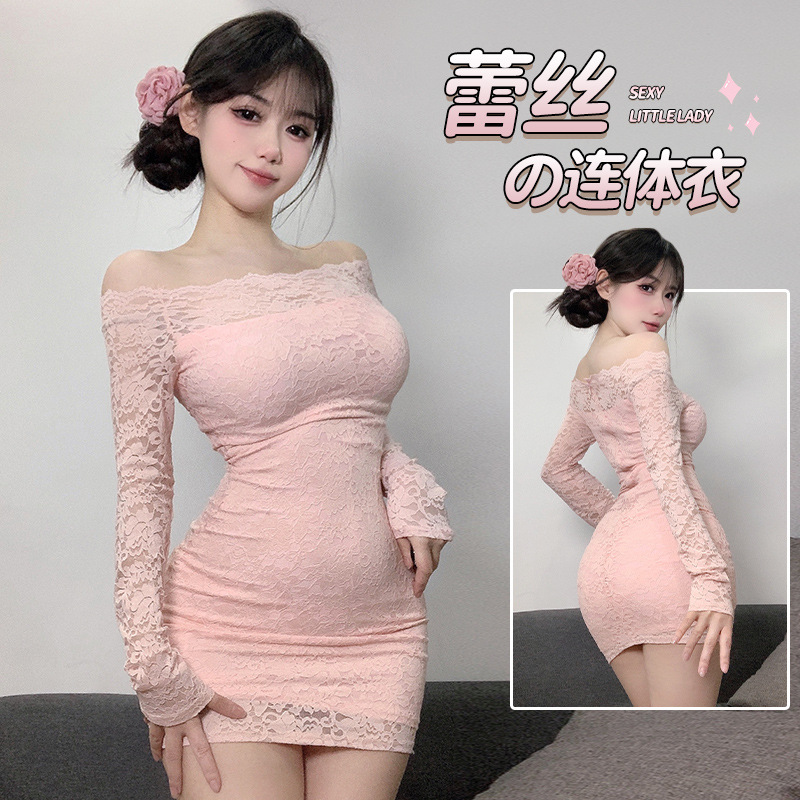 2025新款纯欲风蕾丝气质一字肩连衣裙女性感紧身包臀短裙女春秋