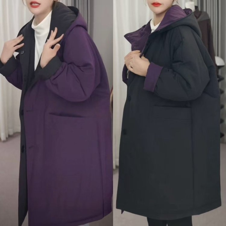 冬季新款休闲简约两面穿连帽长款保暖棉服韩版加厚外套时尚女士