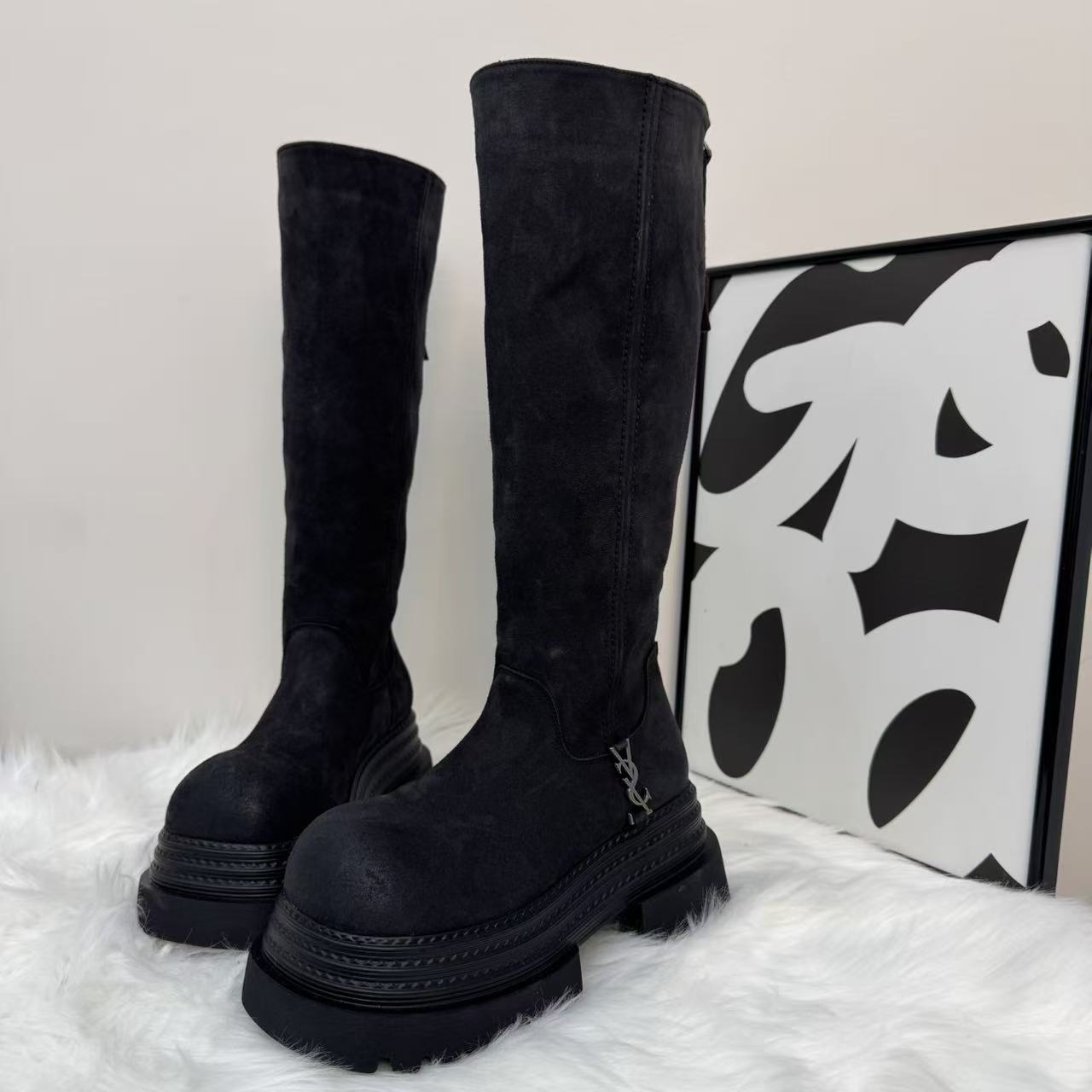 冬季不过膝时装靴秋季增高厚底中筒靴长靴骑士秋冬高筒靴百搭