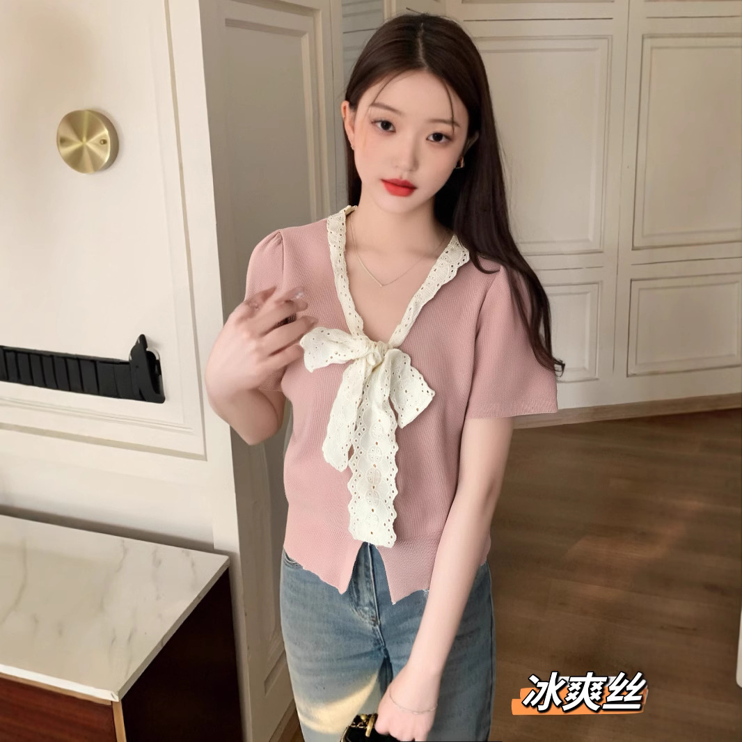 25年春夏季新款蕾丝绑带蝴蝶结短袖针织衫女夏薄款小众别致B323