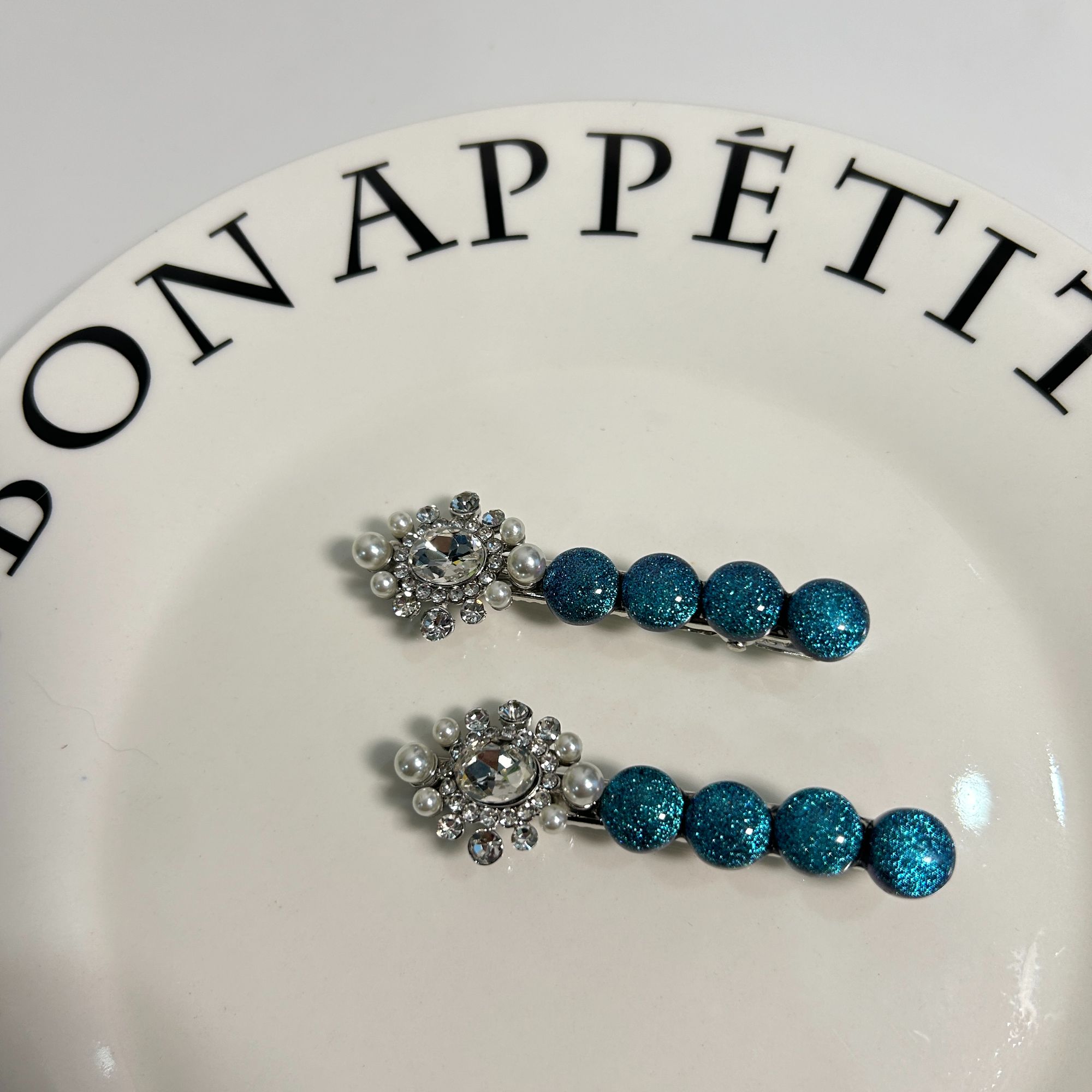 韩国博主同款法式超美孔雀蓝复古仙女夹仙女边夹